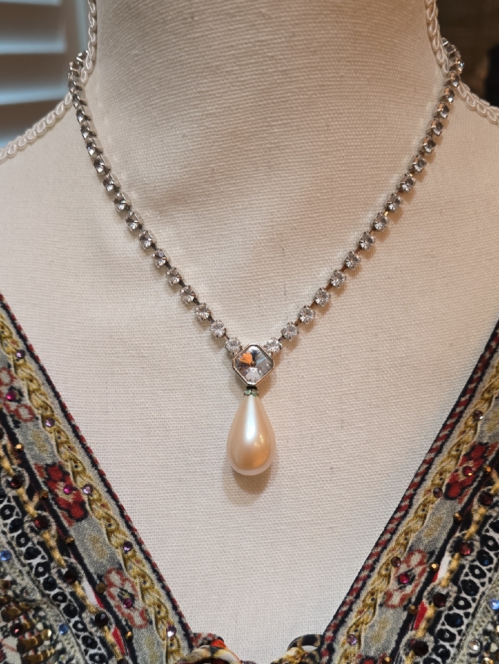 Yves Saint Laurent Silver-Tone Crystal Necklace with Cream Pearl Drop